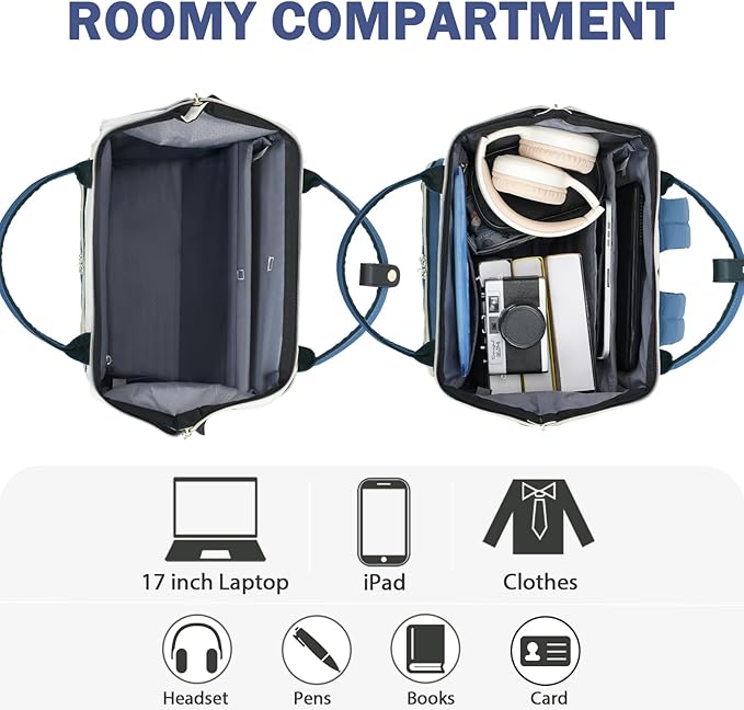EMPSIGN 17 Inch Laptop Backpack for Women, Work Business Travel Computer College Bags, Large Capacity Water-repellent Quilted Casual Daypack, Beige-Haze Blue