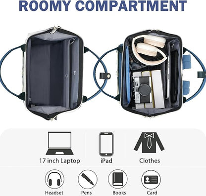 EMPSIGN 17 Inch Laptop Backpack for Women, Work Business Travel Computer College Bags, Large Capacity Water-repellent Quilted Casual Daypack, Beige-Haze Blue