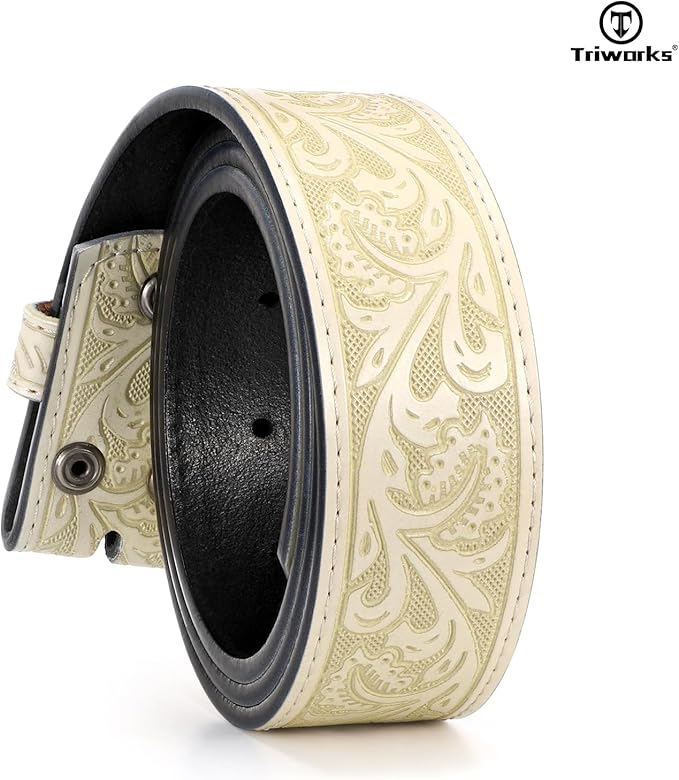 TRIWORKS Western Belt Strap for Men without Buckle 1.5" Wide Floral Engraved Embossed Leather Belt Strap