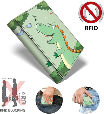 Green Dinosaur Minimalist Wallet for Men, Pop Up Card Case Wallet for Women, PU Leather Automatic Credit Card Holder Metal Money Clip Wallet RFID Blocking Bifold Pocket Wallet
