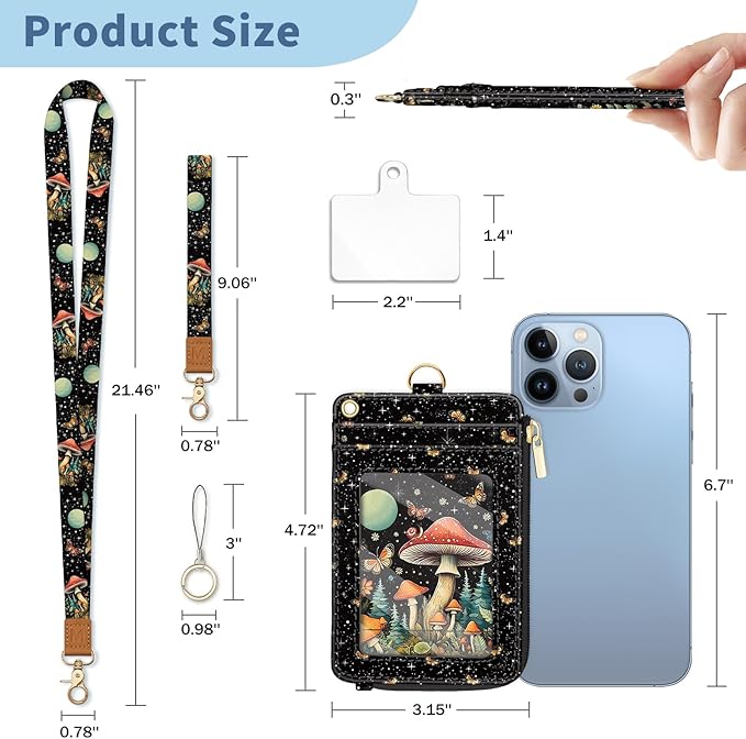 Lanyard Wallet with Id Badge Holder, Mushroom RFID Small Keychain Wallet Women Wristlet, Cute Zipper Credit Card Holder Phone Wrist Neck Strap for Key Name Tag, Teacher Student Office Gifts