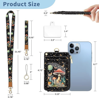 Lanyard Wallet with Id Badge Holder, Mushroom RFID Small Keychain Wallet Women Wristlet, Cute Zipper Credit Card Holder Phone Wrist Neck Strap for Key Name Tag, Teacher Student Office Gifts