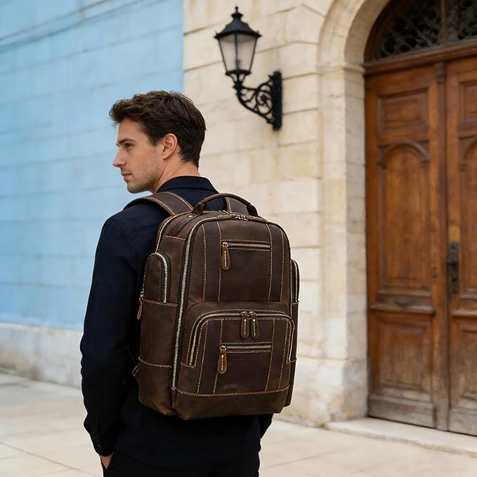 Vintage Full Grain Leather Backpack for Men, 16" Laptop Rucksack For Men Hiking Trave Work Business Bag, 9517 Brown