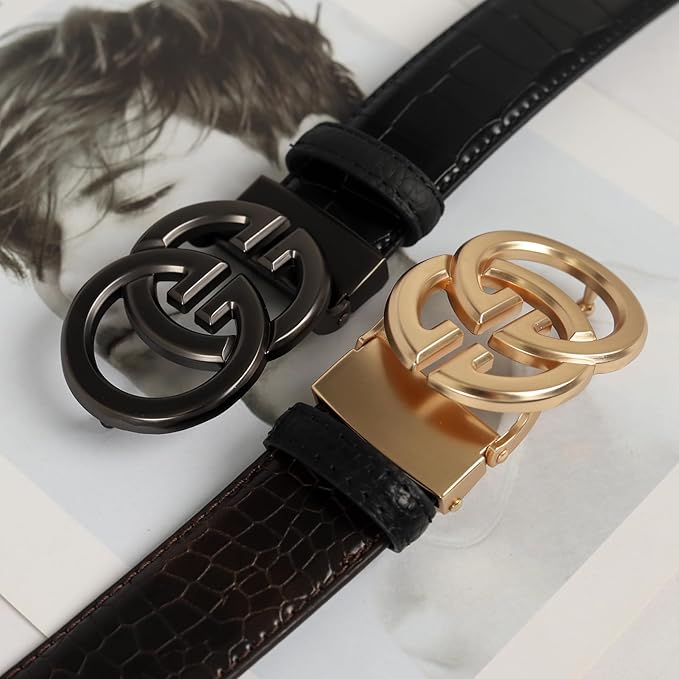 Aurolran Men&Womens Leather Dress Belt Business Automatic Buckle Belt Color-Black Silver Gold