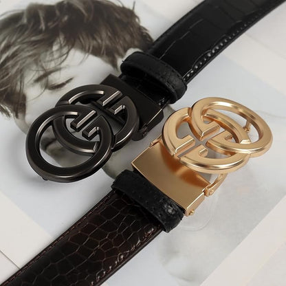 Aurolran Men&Womens Leather Dress Belt Business Automatic Buckle Belt Color-Black Silver Gold