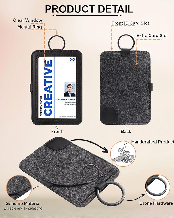 Genuine Badge Holder with Leather Lanyard, Soft Leather ID Card Holder with a Detachable Metal Clip, Clear Window, 2 Card Slots for Office & School IDs, Work Name Cards (Pitch-Black 03)