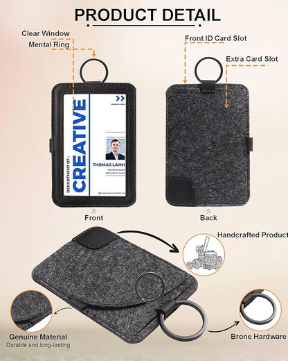 Genuine Badge Holder with Leather Lanyard, Soft Leather ID Card Holder with a Detachable Metal Clip, Clear Window, 2 Card Slots for Office & School IDs, Work Name Cards (Pitch-Black 03)