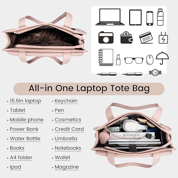 LOVEVOOK Laptop Bag for Women 15.6 Inch Laptop Tote Work Professional Leather Computer Briefcase Waterproof Handbag Shoulder Large Capacity Business Teacher Office Bag Crossbody Purse,Pink
