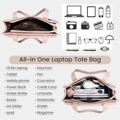 LOVEVOOK Laptop Bag for Women 15.6 Inch Laptop Tote Work Professional Leather Computer Briefcase Waterproof Handbag Shoulder Large Capacity Business Teacher Office Bag Crossbody Purse,Pink