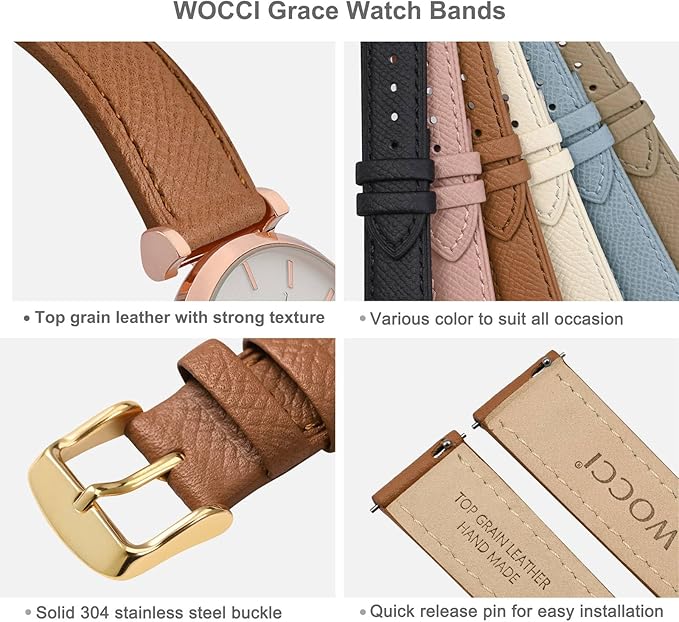 WOCCI 18mm Grace Watch Band for Ladies, Top Grain Leather, Quick Release Replacement Strap with Gold Buckle (Brown)