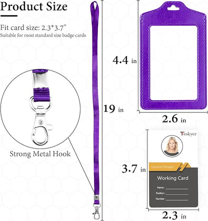 Teskyer 2 Pack of Double Sided Clear Badge Holder with Lanyard, PU Leather ID Badge Name Card Holder with Stainless Steel J-Hook Nylon Lanyard for Work ID, School ID, Metro Card, Access Card, Purple