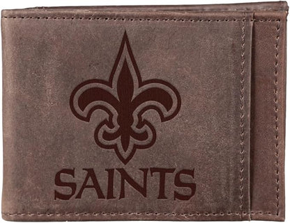 Team Sports America NFL New Orleans Saints Front Pocket Slim Wallet for Men | Minimalist Leather RFID Blocking Bifold Card Holder with Money Clip | Officially Licensed Stamped Logo