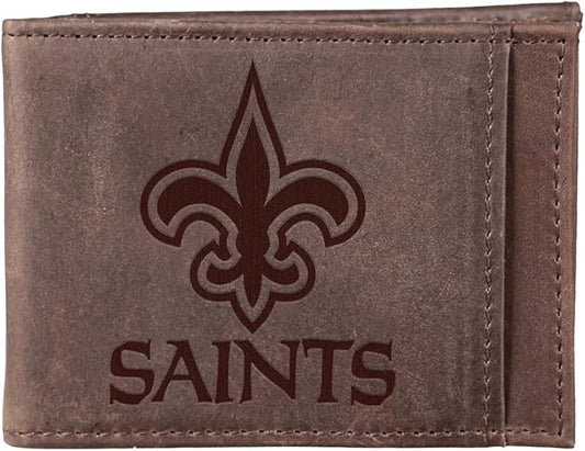 Team Sports America NFL New Orleans Saints Front Pocket Slim Wallet for Men | Minimalist Leather RFID Blocking Bifold Card Holder with Money Clip | Officially Licensed Stamped Logo