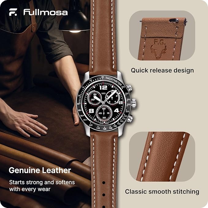 12 Colors for Quick Release Leather Watch Band, Fullmosa Axus Genuine Leather Watch Strap Women Men 14mm, 16mm, 18mm, 19mm, 20mm, 22mm or 24mm (choose the proper size), Brown+black buckle, Classic