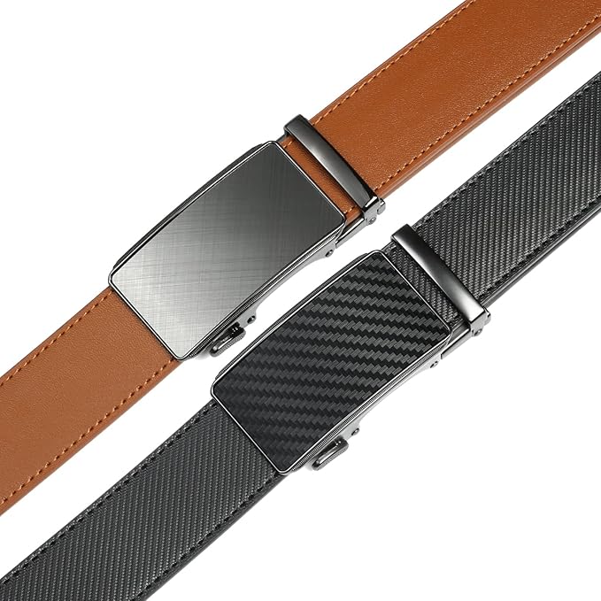 2 Pack Ratchet Belt 1 3/8", Mens leather Dress Belt in Gift Set Size 28"-62" Adjustable waist Trim to Fit