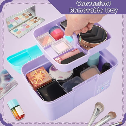 TERGOO 11in Mutipurpose Storage Box Organizer with Removable Tray, Portable Small Craft Organizer with Handle, Plastic Clear Tool Box Art Case for Makeup, Sewing, Nail, Hair Accessories (Purple Blue)