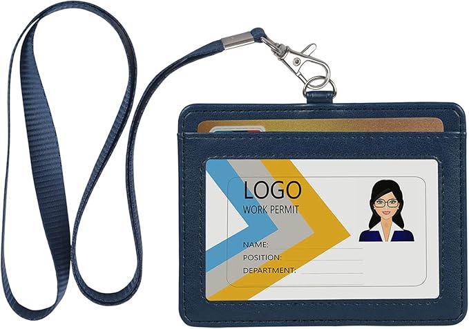 Teskyer Badge Holder with Lanyard, Leather ID Name Badge Card Holder with Lanyard for ID Badges, Horizontal Blue