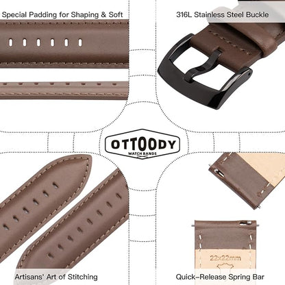 OTTOODY Leather Watch Bands Quick Release, Elegant Top Grain Leather Watch Straps for Men & Women, Choice of Color & Width - 18mm, 19mm, 20mm, 21mm or 22mm Wristbands Bracelet for Watch & Smartwatch