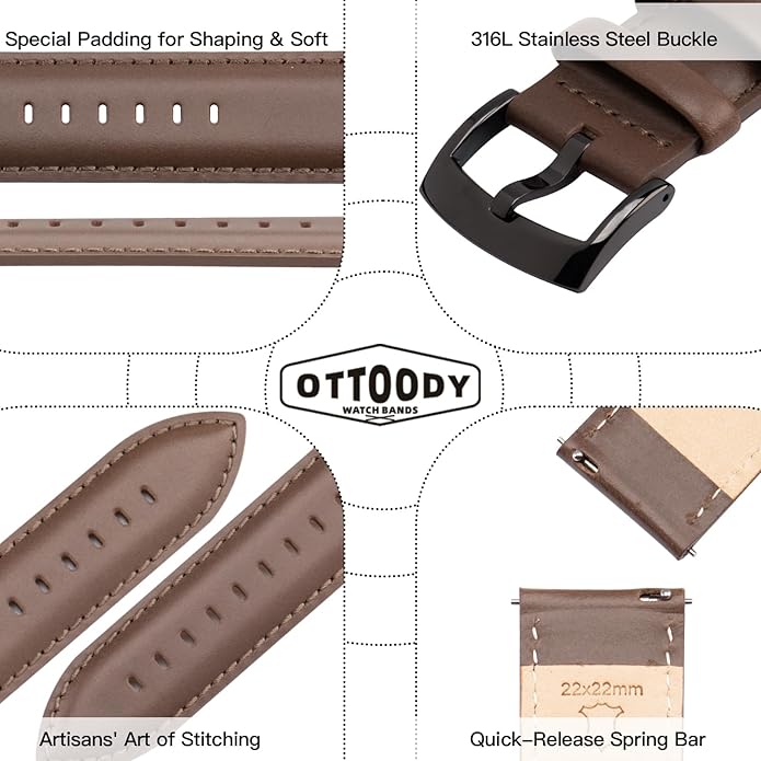 OTTOODY Leather Watch Bands Quick Release, Elegant Top Grain Leather Watch Straps for Men & Women, Choice of Color & Width - 18mm, 19mm, 20mm, 21mm or 22mm Wristbands Bracelet for Watch & Smartwatch