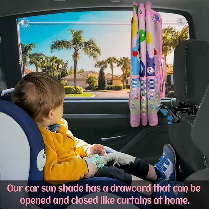 DIZA100 Car Sun Shade for Window Baby (2 Pack), Blackout Window Shades with Storage Net Pocket, 7 Suction Cups, Cute Patterns for Sun/Heat/UV Rays Block