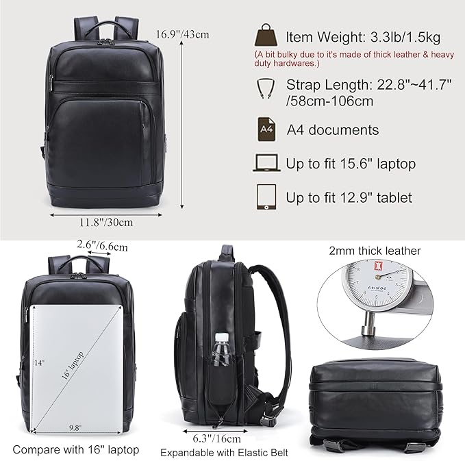 Masa Kawa Black Leather Laptop Backpack for Men Fits 16” 15.6” Computer, Business Travel Work Large Daypack Camping Weekender Bag