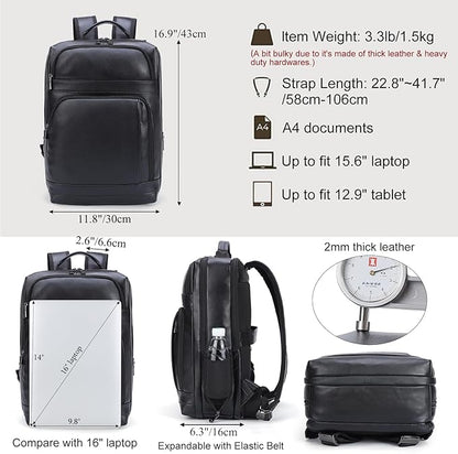 Masa Kawa Black Leather Laptop Backpack for Men Fits 16” 15.6” Computer, Business Travel Work Large Daypack Camping Weekender Bag