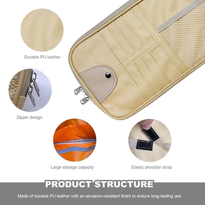 Car Sun Visor Organizer, Multi-Purpose Visor Storage Holder with Elastic Bands & Glasses Clip, Multi-Pocket Sunshade Organizer Soft Leather Storage Pouch for Car Truck SUV (Beige)