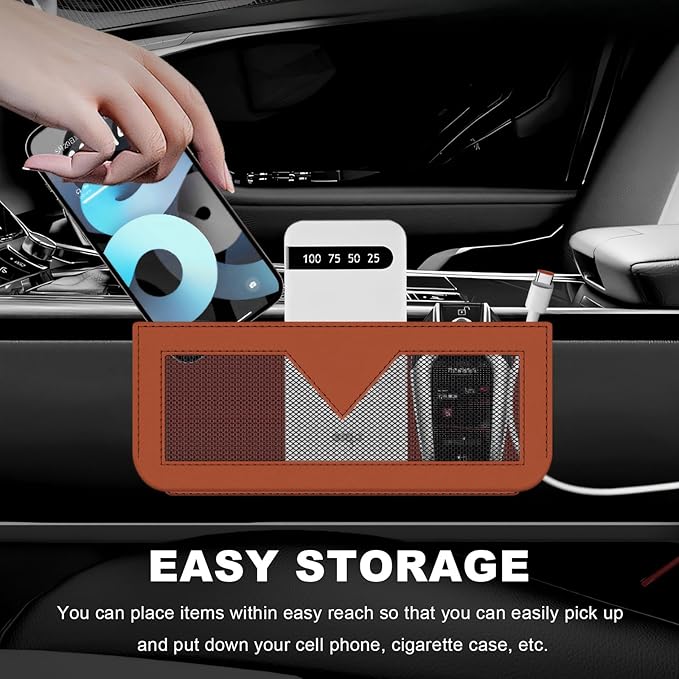 Car Sunglasses Case, PU Leather Pocket Self-Adhesive Storage Pouch for Vehicle Door Window Console, Multifunctional Vehicle Interior Organizer for Glasses Phones Wallets Keys (Brown & Orange)