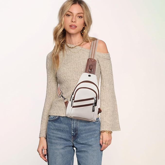 Leresas 7L Crossboydy Sling Bag for Women Vegan Leather Crossbody Purse Fanny Pack Chest Bag for Travel, Beige