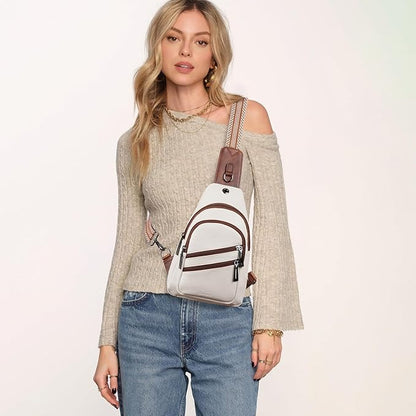 Leresas 7L Crossboydy Sling Bag for Women Vegan Leather Crossbody Purse Fanny Pack Chest Bag for Travel, Beige