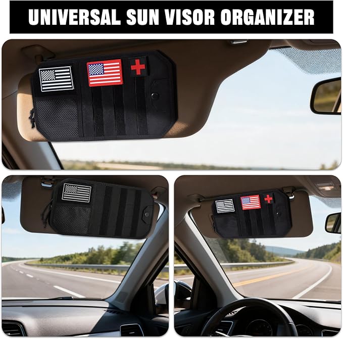 Car Visor Organizer with 3pcs Velcro Patches, Multi-Pocket Sun Visor Organizer with Zipper Storage Pouch & Adjustable Straps, Semi-Rigid Panel Storage Accessories for Truck, SUV, Most Cars (Black)
