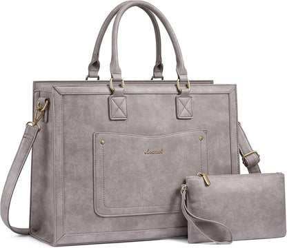LOVEVOOK Laptop Tote Bag for Women, 15.6 Inch Work Bags, Vintage Leather Tote Bag, Waterproof Computer Bags with Clutch Purse, Large Capacity Messenger Bag for Teacher College Business Office