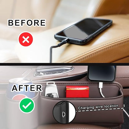 2-Pack car seat Gap Filler Organizer with Cup Holder, Adjustable Car Seat Gap Storage Box Leather with Cup Holder for Phones Glasses Keys Cards (Black. Driver- Passenger)