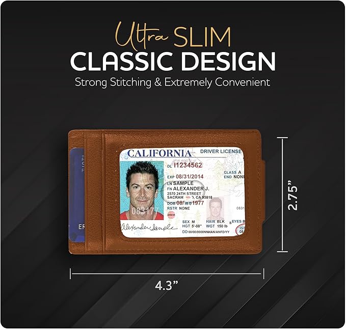 Claasico Men’s Leather Money Clip Wallet – Slim Front Pocket Wallet w/Super Strong Magnetic Clip, RFID Blocking, 5 Card Slots & Center Pocket + ID Window
