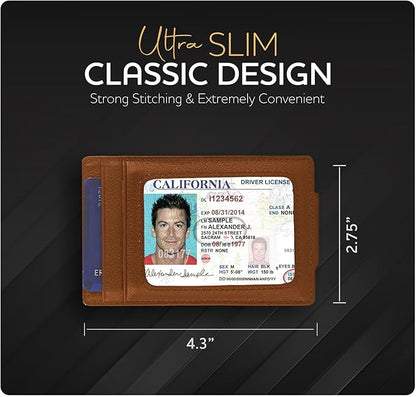 Claasico Men’s Leather Money Clip Wallet – Slim Front Pocket Wallet w/Super Strong Magnetic Clip, RFID Blocking, 5 Card Slots & Center Pocket + ID Window
