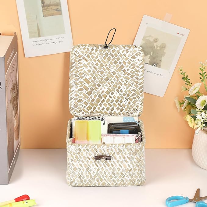 Hipiwe Wicker Shelf Baskets with Lid Handwoven Seagrass Storage Box Decorative Basket Bin Household Organizer Bin for Shelf Bathroom Coffee Table Decor Organizer, X-small