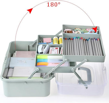 BTSKY 3-Layer Plastic Dividing Storage Box Craft Organizer and Storage with Adjustable Spacers Portable Handled Art Supply Organizer Multipurpose Home Utility Box for Medicine Sewing(Haze Green)