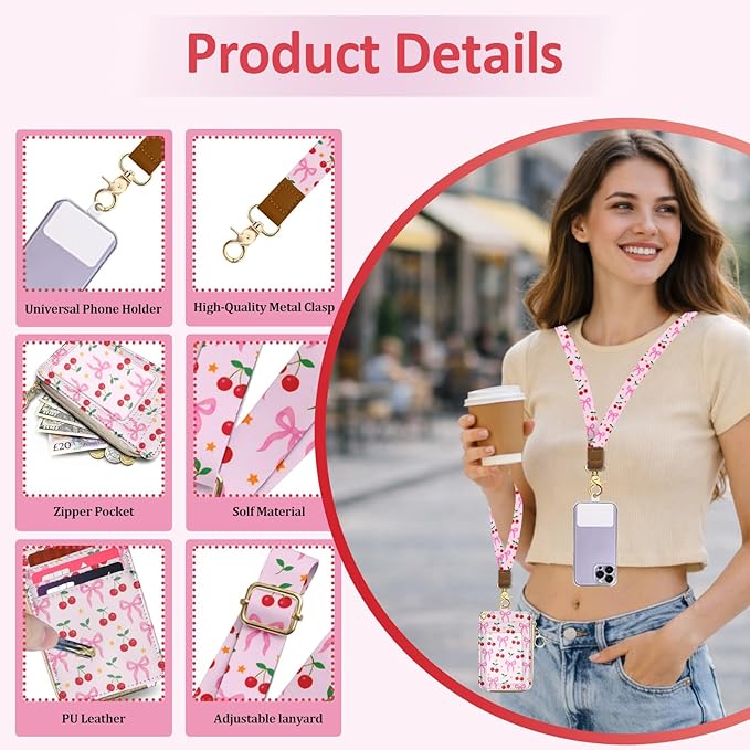 Lanyards for ID Badges, PU Leather Lanyard Wallet, RFID Blocking, ID Badge Holder with Zipper Pocket Detachable Phone Lanyard Keychain Wristlet for Teacher Nurse Office- Bow Cherry