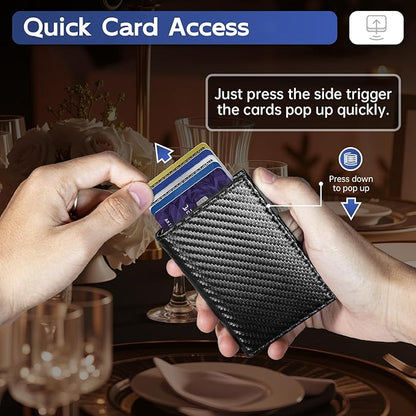 Wallet for Men, Slim Minimalist Mens Wallet for RFID Blocking, Front Pocket Credit Card Holder Wallets with ID Window, Smart Pop Up Metal Aluminum Case Gift for Men, Carbon Fiber Black