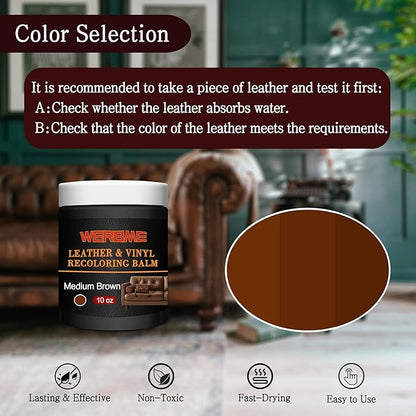 Leather Recoloring Balm & Color Restorer - 10OZ Multipurpose Dye & Paint for Faded Leather Couches, Car Seats, Shoes | Fix Scratches on Clothing, Furniture & Accessories(Medium Brown)