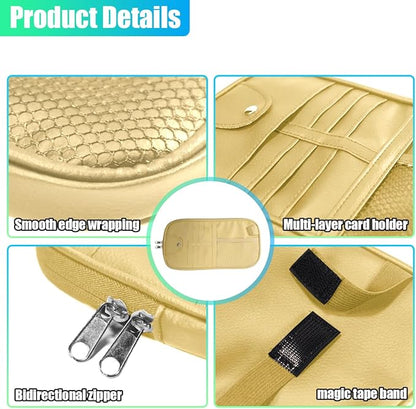 ZIMISI Car Visor Organizer, Double Zipper Sunglass Holder with Elastic Bands, PU Leather Car Storage Holder, Multi-Pocket Storage Pouch, Sun Visor Organizer for Most Cars (Beige)
