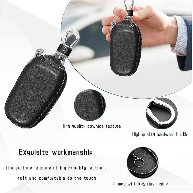 Car Key Case, Genuine Leather Auto Key Fob Cover Case, Key Fob Protector with Metal Hook, Car Smart Keychain Holder (Black)