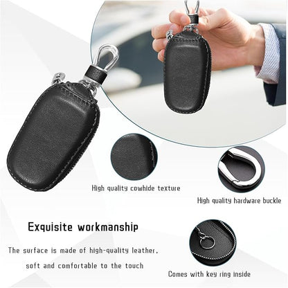 Car Key Case, Genuine Leather Auto Key Fob Cover Case, Key Fob Protector with Metal Hook, Car Smart Keychain Holder (Black)