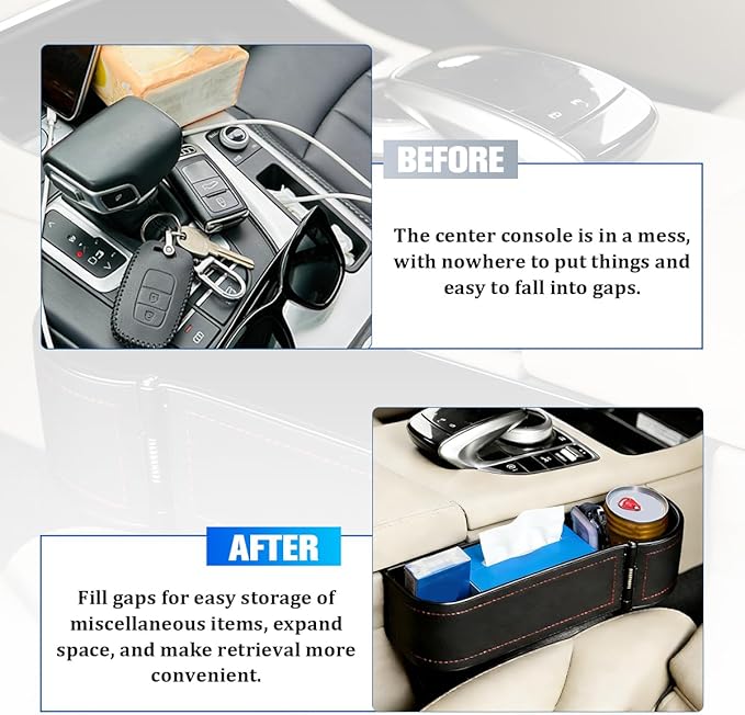 Car Seat Gap Filler Organizer with Cup Holder Expander, Leather Console Seam Filler Storage Box, Auto Front Seat Gap Organizer for Phones Keys Glasses, Universal Fit (Black/Red Passenger)