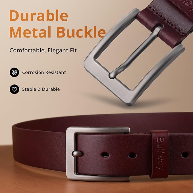 Buffway Men’s Full Grain Leather Belt – Solid One-Piece Leather, 1.5” Wide for Jeans & Business Casual, Gift Box Included