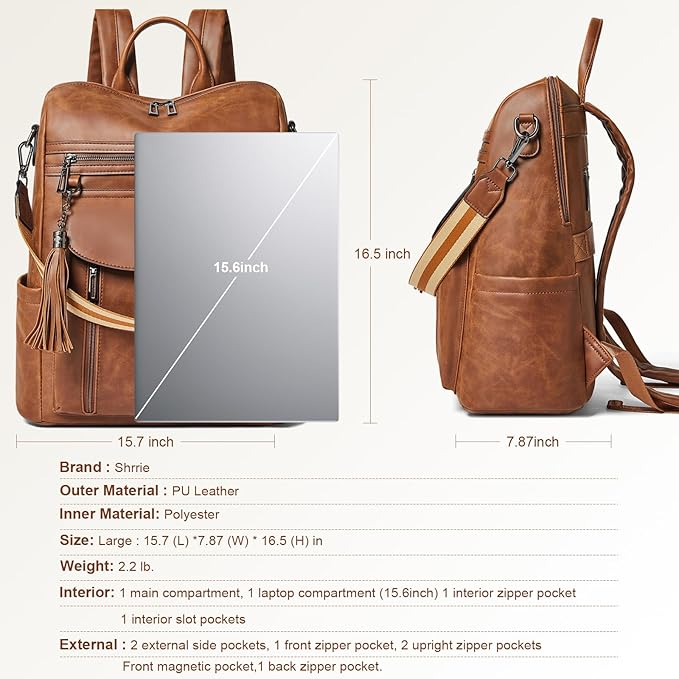 Shrrie Laptop Backpack for Women 15.6 inch,Travel Leather Backpack Purse Nurse Teacher Carry on Backpack Computer Bag,Professional Water-Resistant College Business Work Casual Daypack,Brown