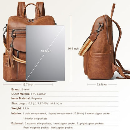 Shrrie Laptop Backpack for Women 15.6 inch,Travel Leather Backpack Purse Nurse Teacher Carry on Backpack Computer Bag,Professional Water-Resistant College Business Work Casual Daypack,Brown