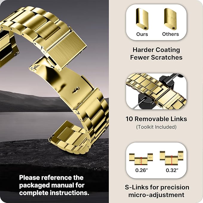 Fullmosa 20mm Stainless Steel Watch Band, Quick Release Metal Replacement Strap with Removable Links, Includes Spring Bars & Link Removal Tool for Men Women (Golden)
