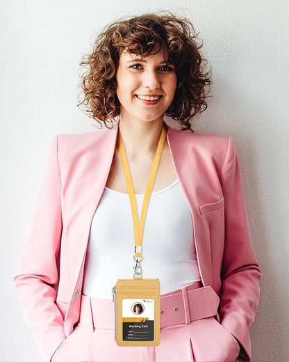 Teskyer Badge Holder with Side Zip Pocket, Multiple Card Slots Leather ID Holder Wallet with Neck Lanyard for Office Staffs, Teachers/Students, Workers, Cruise Cards, Bus/Metro Cards, Lichee Yellow