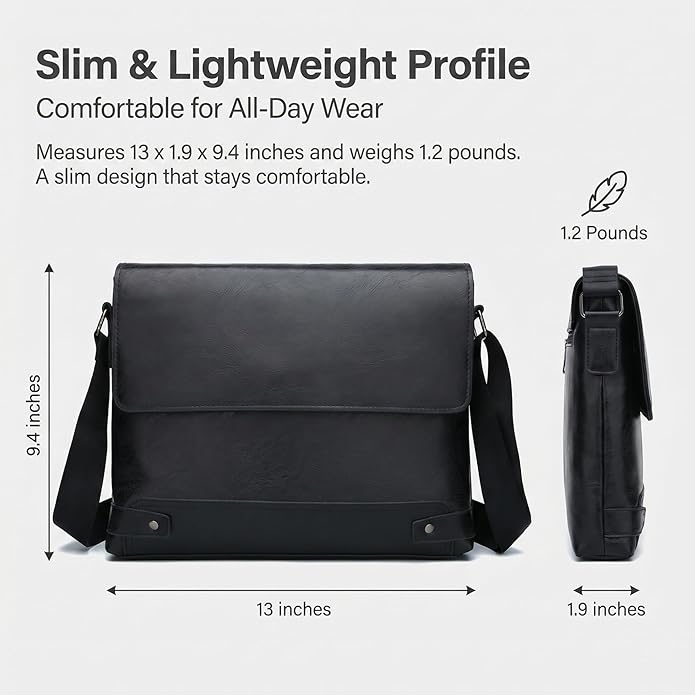 Vintage PU Leather Mens Messenger Bag - Slim Crossbody Shoulder Bag for Work, Travel & Daily Commute Casual Tablet Satchel